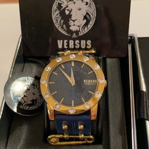 Versace Versus Bling Gold & CZ’s Face Leather Band